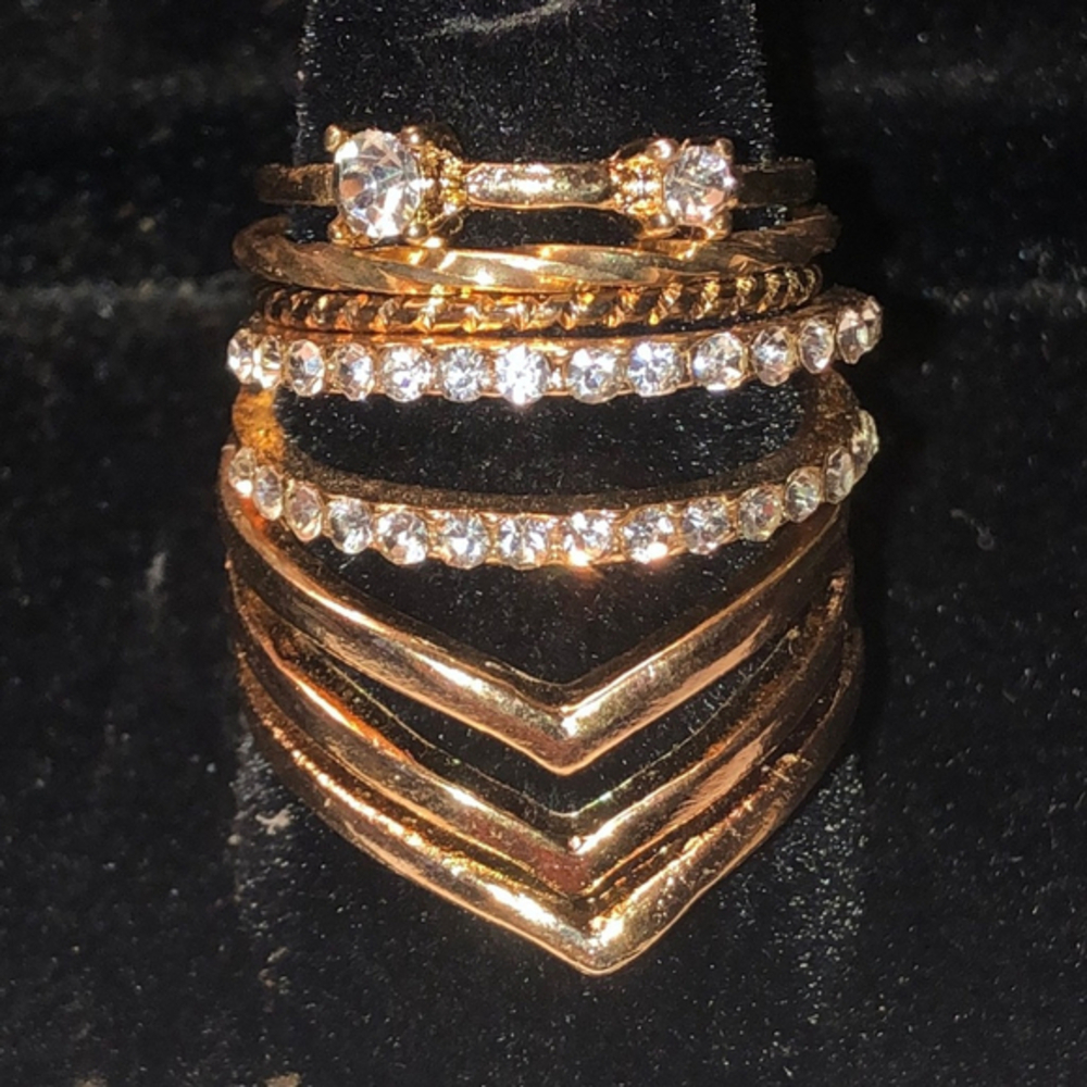 5 Gold Tone Rings Various Sizes CZ Rhinestones Boho Ring Lot